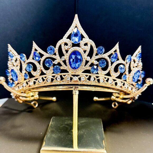 Gold Tiara and Crown for Women, Crystal Queen Crown, Ocean Blue Princess Tiara - Picture 1 of 5